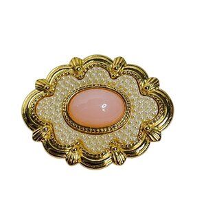 Avon Gold Tone Faux Pearl and Pink Cabochon Brooch (6095)